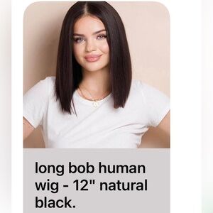Sleek Black Long Bob Human Hair Wig - 12"
